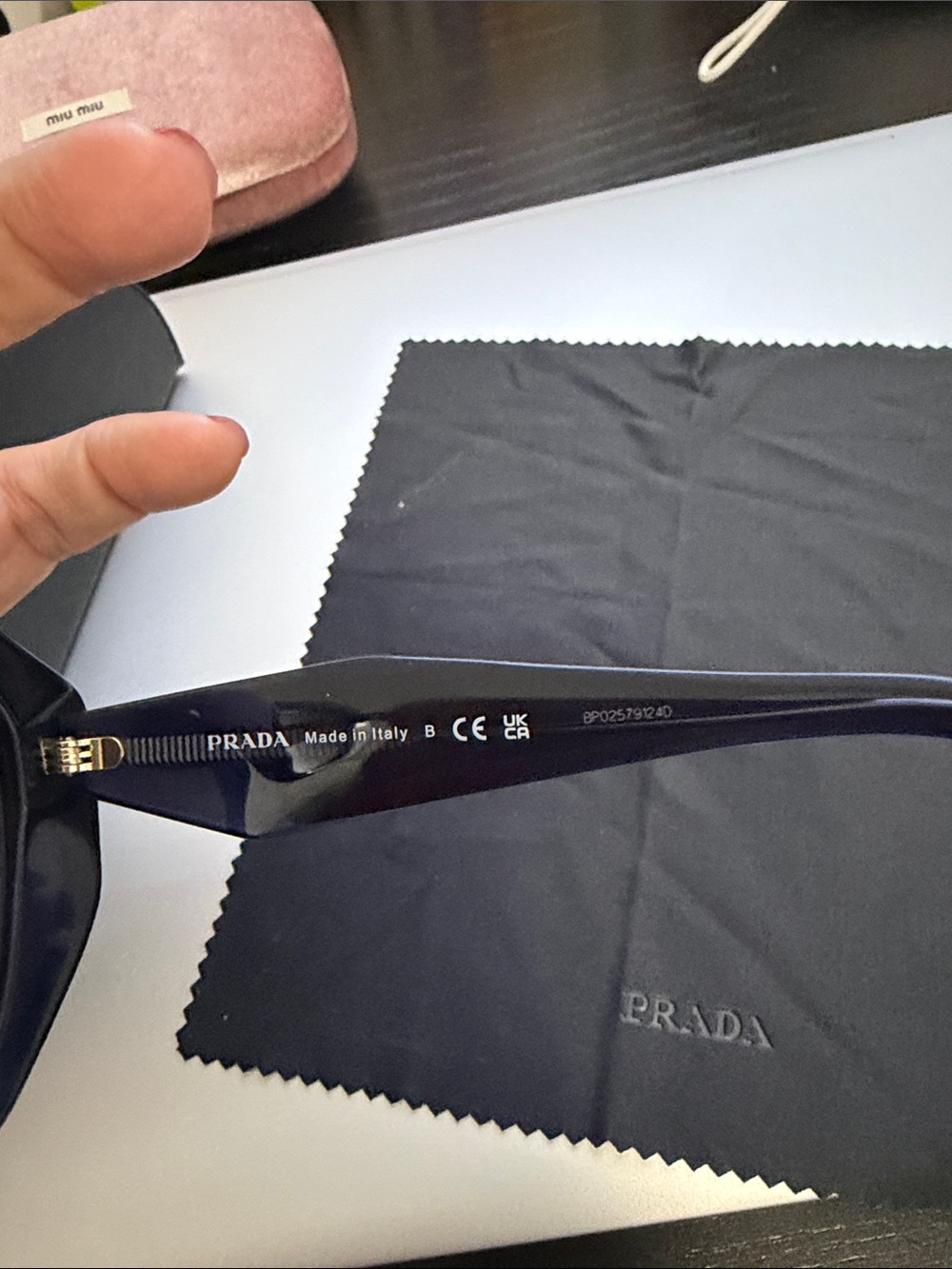 Prada Dark Blue Sunglasses with Gold Logo Accent - Picture 5 of 12